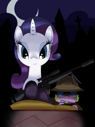 Size: 1050x1400 | Tagged: safe, artist:hoyeechun, rarity, spike, dragon, pony, unicorn, g4, claws, crescent moon, duo, fangs, female, gun, hat, hooves, horn, horns, looking at you, male, mare, moon, night, optical sight, rifle, smiling, sniper rifle, suppressor, weapon