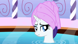 Size: 640x360 | Tagged: safe, screencap, rarity, pony, g4, green isn't your color, bath, scrunchy face, solo, spa, towel