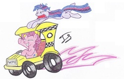 Size: 762x489 | Tagged: safe, artist:thestipplebrony, pinkie pie, twilight sparkle, g4, car, crazy taxi, taxi, traditional art