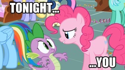 Size: 640x360 | Tagged: safe, edit, edited screencap, screencap, pinkie pie, spike, g4, aqua teen hunger force, caption, female, image macro, male, ship:pinkiespike, shipping, straight, tonight you