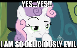 Size: 960x600 | Tagged: safe, edit, edited screencap, screencap, sweetie belle, pony, family appreciation day, g4, evil, female, hoof on chin, hub logo, image macro, scheming belle, smiling, smirk, solo