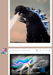 Size: 505x717 | Tagged: safe, princess celestia, kaiju, g4, atomic breath, godzilla, godzilla (series), oh crap, showa godzilla, tumblr