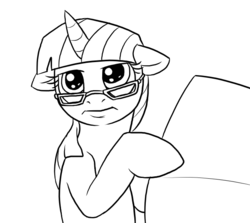 Size: 631x564 | Tagged: safe, artist:c0nker, twilight sparkle, pony, unicorn, g4, black and white, female, floppy ears, glasses, grayscale, implied facehoof, implied facepalm, mare, monochrome, newspaper, parody, reaction image, simple background, solo, tommy lee jones, twilight sparkle is not amused, white background