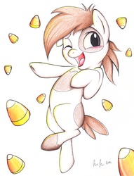 Size: 627x819 | Tagged: safe, artist:prettypinkpony, pipsqueak, earth pony, pony, g4, bipedal, candy corn, colt, foal, male, one eye closed, open mouth, solo