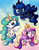 Size: 2550x3300 | Tagged: safe, artist:quila111, princess cadance, princess celestia, princess luna, alicorn, pony, g4, :o, alternate hair color, chibi, crown, ethereal mane, ethereal tail, female, flying, gradient background, high res, hoof shoes, jewelry, mare, open mouth, open smile, peytral, princess shoes, regalia, smiling, tail, tiara, trio, trio female, wrong eye color