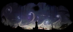 Size: 2888x1279 | Tagged: safe, artist:qsteel, pony, unicorn, night, scenery, silhouette, solo, stars