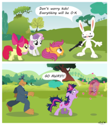 Size: 4205x4793 | Tagged: safe, artist:alcrd119, apple bloom, scootaloo, smarty pants, sweetie belle, twilight sparkle, dog, earth pony, pegasus, pony, rabbit, unicorn, g4, absurd resolution, animal, crossover, cutie mark crusaders, gun, max (sam and max), sam (sam and max), sam and max, sanity slippage, twilight snapple, vector, want it need it, weapon
