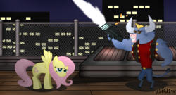 Size: 3538x1917 | Tagged: safe, artist:alcrd119, fluttershy, iron will, g4, crossover, duke nukem, duke nukem 3d, fluttershy is not amused, gun, hollywood holocaust, unamused, weapon