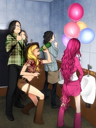 Size: 900x1200 | Tagged: safe, artist:abysstea, artist:tenori-tiger, applejack, pinkie pie, human, g4, balloon, cigarette, cosplay, humanized, promingent female, smoking, urinal