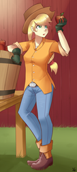 Size: 527x1162 | Tagged: safe, artist:sallymon, applejack, human, g4, belt, clothes, cute, humanized, pants