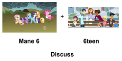 Size: 1296x648 | Tagged: safe, applejack, fluttershy, pinkie pie, rainbow dash, rarity, twilight sparkle, g4, 6teen, comparison, discuss, mane six, neighsayers everywhere