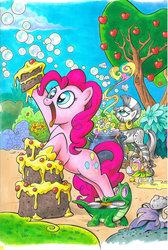 Size: 800x1191 | Tagged: safe, artist:andy price, idw, official comic, gummy, pinkie pie, zecora, alligator, earth pony, pony, zebra, g4, official, apple, bubble, cake, cauldron, cover, food, idw advertisement, mouth hold, mushroom, no logo, record, textless, tree