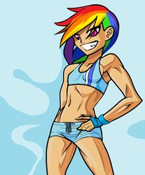 Size: 600x726 | Tagged: safe, artist:hureno, rainbow dash, human, g4, armpits, belly button, breasts, clothes, delicious flat chest, human coloration, humanized, midriff, rainbow flat, sports bra, sports shorts