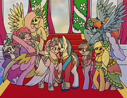 Size: 818x632 | Tagged: safe, artist:100yearslater, applejack, fluttershy, pinkie pie, princess cadance, rarity, shining armor, twilight sparkle, alicorn, earth pony, pegasus, pony, unicorn, g4, bedroom eyes, bipedal, bridesmaid, bridesmaid dress, clothes, dress, eye contact, eyes closed, female, floppy ears, flying, frown, grin, gritted teeth, heartwarming, male, mare, raised hoof, smiling, smirk, spread wings, stallion, wedding, wide eyes