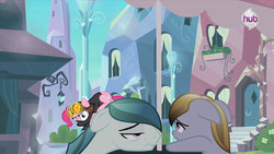 Size: 1280x720 | Tagged: safe, screencap, amber waves, crystal arrow, crystal beau, pinkie pie, crystal pony, pony, g4, season 3, the crystal empire, hub logo, hubble, out of context, perspective, pinkie spy