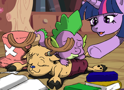 Size: 576x419 | Tagged: safe, artist:irie-mangastudios, spike, twilight sparkle, g4, one piece, studying, tony tony chopper