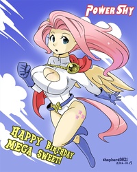 Size: 700x874 | Tagged: safe, artist:shepherd0821, fluttershy, anthro, g4, ambiguous facial structure, big breasts, boob window, breasts, busty fluttershy, cleavage, costume, female, power girl, solo