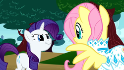Size: 640x360 | Tagged: safe, screencap, fluttershy, rarity, pegasus, pony, unicorn, g4, green isn't your color, duo, nudie suit