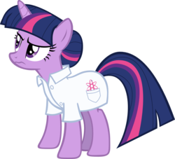 Size: 976x888 | Tagged: safe, artist:theairgonaut, twilight sparkle, pony, unicorn, g4, alternate hairstyle, clothes, female, hair bun, lab coat, mare, scientist, simple background, solo, transparent background, unicorn twilight, vector