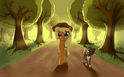 Size: 1920x1200 | Tagged: safe, artist:fajeh, applejack, winona, g4, duo, pet, tree