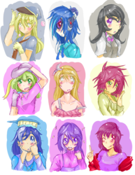 Size: 1850x2400 | Tagged: dead source, safe, artist:applestems, amethyst star, berry punch, berryshine, daisy, derpy hooves, dj pon-3, flower wishes, lily, lily valley, minuette, octavia melody, roseluck, sparkler, vinyl scratch, human, g4, colored, female, humanized