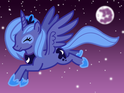 Size: 640x480 | Tagged: safe, artist:tim-kangaroo, princess luna, pony, g4, eyes closed, female, flying, moon, solo