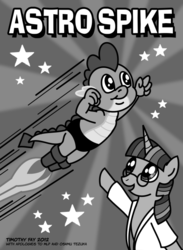 Size: 500x682 | Tagged: safe, artist:tim-kangaroo, spike, twilight sparkle, g4, astro boy, black and white, crossover, flying, glasses, grayscale, open mouth, pointing, smiling