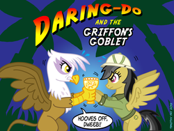 Size: 800x600 | Tagged: safe, artist:tim-kangaroo, daring do, gilda, griffon, pegasus, pony, g4, book cover, cover, daring do and the griffon's goblet, duo, dweeb, female, goblet, mare, parody, sweat