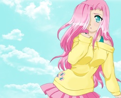 Size: 1486x1200 | Tagged: safe, artist:shinobialchemist, fluttershy, human, g4, anime, breasts, busty fluttershy, clothes, female, hair over one eye, humanized, skirt, solo, sweater, sweatershy