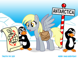 Size: 800x600 | Tagged: safe, artist:tim-kangaroo, derpy hooves, bird, pegasus, penguin, pony, g4, bag, facewing, female, mare, snow, solo, went north to get the southern birds