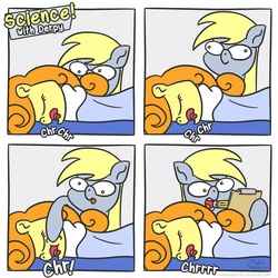 Size: 2000x2000 | Tagged: safe, artist:muffinexplosion, carrot top, derpy hooves, golden harvest, earth pony, pegasus, pony, g4, background pony, clipboard, comic, female, for science, high res, mare, mouth hold, pencil, science, sleeping, snoring, wavy mouth