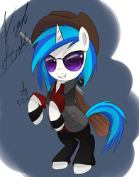 Size: 900x1150 | Tagged: safe, artist:sketchbookfim, dj pon-3, vinyl scratch, pony, unicorn, g4, clothes, female, gun, hat, hooves, horn, mare, optical sight, rifle, smiling, sniper, sniper (tf2), sniper rifle, solo, sunglasses, team fortress 2, weapon