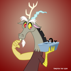Size: 600x600 | Tagged: safe, artist:tim-kangaroo, discord, draconequus, g4, claw hold, fangs, gradient background, kitchen sink, male, signature, solo, thinking
