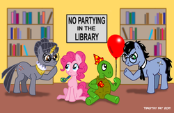 Size: 1024x666 | Tagged: safe, artist:tim-kangaroo, pinkie pie, oc, oc:tympany, earth pony, pony, g4, balloon, kturtle, library, male, stallion