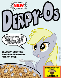 Size: 600x768 | Tagged: safe, artist:tim-kangaroo, derpy hooves, pegasus, pony, g4, artifact, cereal, female, food, mare, muffin, open mouth, open smile, signature, smiling, solo
