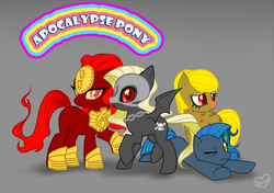 Size: 1240x873 | Tagged: safe, artist:pollo-chan, oc, oc only, pony, g4, apocalypse ponies, boils, female, four horsemen of the apocalypse, four horses of the apocalypse, gray background, group, hoof shoes, horseman of death, horseman of famine, horseman of pestilence, horseman of war, mare, quartet, robot chicken, simple background