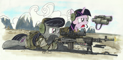 Size: 2328x1136 | Tagged: safe, artist:buckweiser, octavia melody, twilight sparkle, earth pony, pony, unicorn, g4, binoculars, cutie mark, female, floppy ears, gun, hooves, horn, lying down, m14, m14 ebr, mare, open mouth, optical sight, picatinny rail, rifle, scope, shooting, sniper, sniper and spotter, sniper rifle, soldier, spotter, traditional art, weapon
