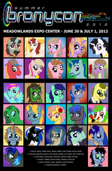 Size: 480x730 | Tagged: safe, artist:tim-kangaroo, oc, oc only, oc:fausticorn, oc:jade aurora, pony, bronycon, bronycon 2012, amy keating rogers, andrea libman, cathy weseluck, fedora, glasses, hat, john de lancie, lauren faust, lee tockar, meghan mccarthy, nicole oliver, peter new, ponified, poster, show staff, tara strong