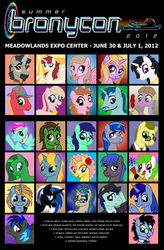 Size: 480x730 | Tagged: safe, artist:tim-kangaroo, oc, oc only, oc:fausticorn, oc:jade aurora, bronycon, bronycon 2012, amy keating rogers, andrea libman, cathy weseluck, fedora, glasses, hat, john de lancie, lee tockar, meghan mccarthy, nicole oliver, peter new, poster, show staff, tara strong