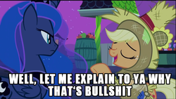 Size: 640x360 | Tagged: safe, applejack, princess luna, g4, image macro, reaction image