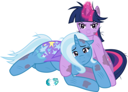 Size: 8346x6015 | Tagged: safe, artist:baka-neku, artist:kinla, trixie, twilight sparkle, pony, unicorn, g4, absurd resolution, angry, female, glowing, glowing horn, horn, injured, lesbian, magic, mare, sad, ship:twixie, shipping, simple background, transparent background, trixiebuse, unicorn twilight