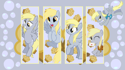 Size: 1920x1080 | Tagged: safe, artist:neodarkwing, derpy hooves, g4, bubble, clothes, filly, jacket, letter, muffin, saddle bag, vector, wallpaper