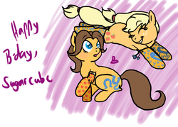 Size: 850x610 | Tagged: safe, artist:enigmaticfrustration, applejack, toffee, earth pony, pony, g4