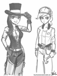 Size: 610x813 | Tagged: safe, artist:johnjoseco, ambrosia, cindy block, toffee, human, g4, construction pony, grayscale, humanized, monochrome, sketch