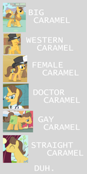 Size: 850x1701 | Tagged: source needed, safe, edit, edited screencap, screencap, caramel, chance-a-lot, creme brulee, doctor horse, doctor stable, toffee, earth pony, pony, unicorn, g4, hearts and hooves day (episode), read it and weep, season 2, the last roundup, winter wrap up, background pony, collage, comparison, eyes closed, female, floppy ears, gay, hearts and hooves day, male, mare, rule 63, sad, smiling, stallion, straight, text, title sequence