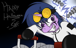 Size: 855x545 | Tagged: safe, artist:spikeandfriends, twilight sparkle, g4, costume, creepy, electricty, goggles, halloween, insanity, jack spicer, leather, mad scientist, makeup, messy mane, nightmare night, science, spike and friends, spooky