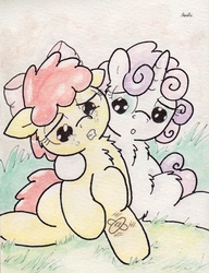 Size: 744x970 | Tagged: safe, artist:slightlyshade, apple bloom, sweetie belle, earth pony, pony, unicorn, g4, bandaid, crying, duo, female, filly, foal, traditional art