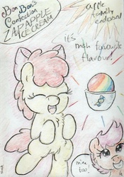 Size: 595x852 | Tagged: safe, artist:slightlyshade, apple bloom, scootaloo, earth pony, pegasus, pony, g4, duo, duo female, female, filly, foal, ice cream, traditional art