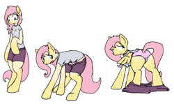 Size: 1362x810 | Tagged: safe, artist:kaykay430, fluttershy, pegasus, pony, anthro, g4, black outlines, clothes, clothes falling off, female, human to pony, light skin, mare, panties, pants, pants down, pink underwear, sequence, shirt, simple background, t-shirt, tail, tail hole, transformation, transformation sequence, underwear, white background