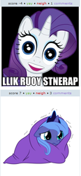 Size: 256x553 | Tagged: safe, princess luna, rarity, pony, derpibooru, g4, exploitable meme, juxtaposition, juxtaposition win, meta, woona